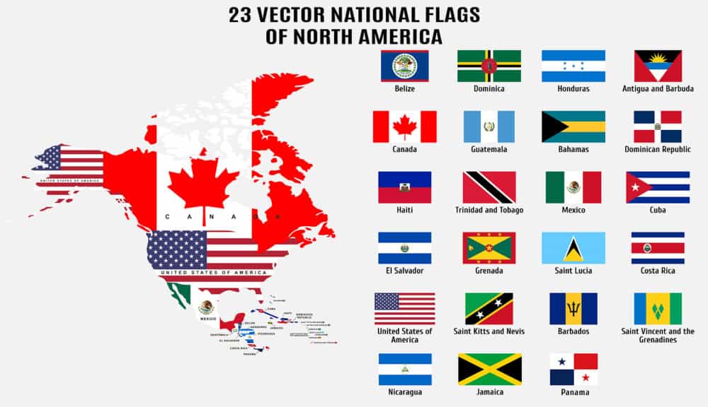 Vector national flags and map of North America