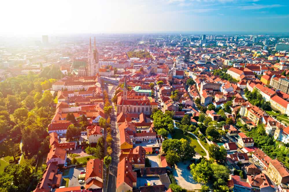 Zagreb. Aerial sun haze view of Zagreb cathedral and historic city center, capital of Croatia