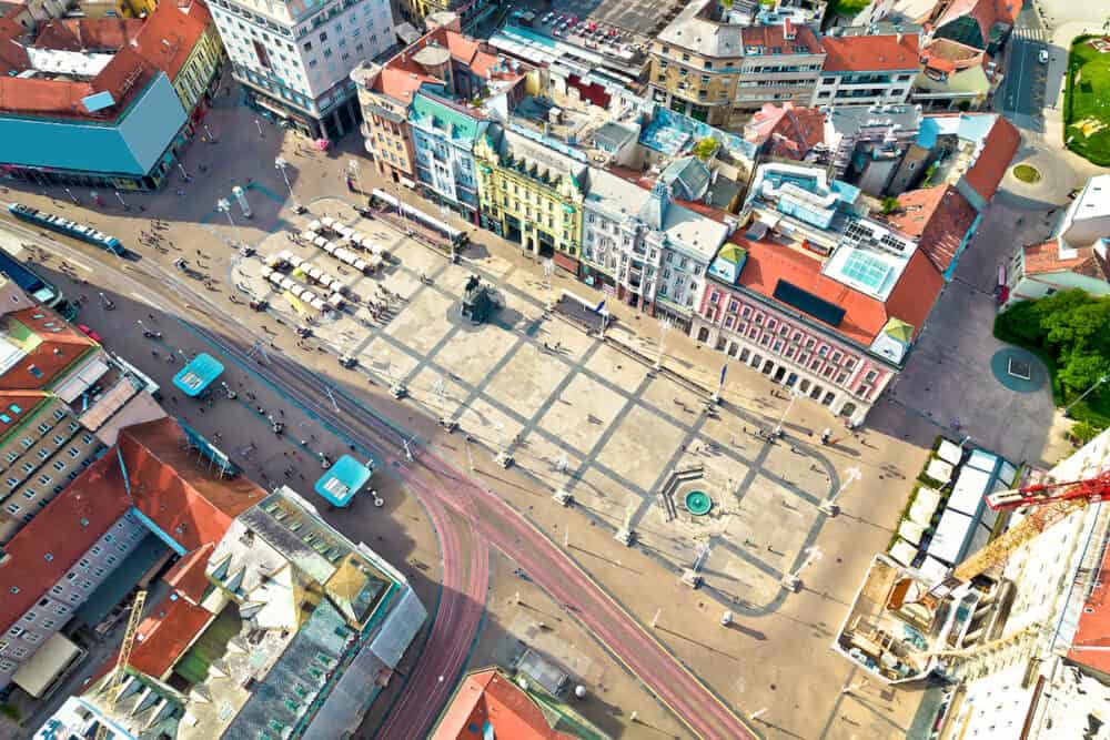 Zagreb. Ban Jelacic central square in Zagreb aerial view, landmarks in capital of Croatia