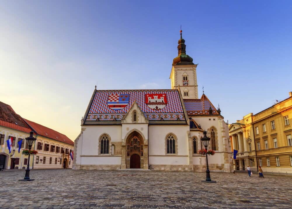 St. Mark's Church and square by sunset in Zagreb, Croatia