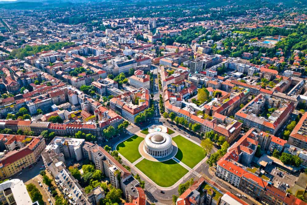 Zagreb aerial. The Mestrovic pavillion and town of Zagreb aerial view. Capital of Croatia.