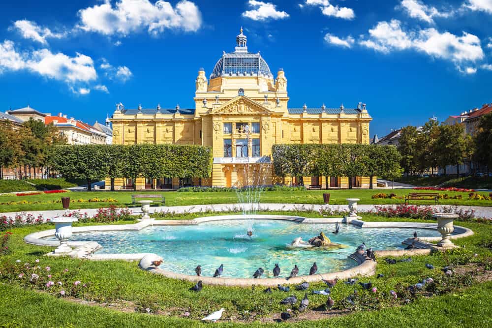 Zagreb. Tomislav square park and fountain springtime landscape view, capital of Croatia