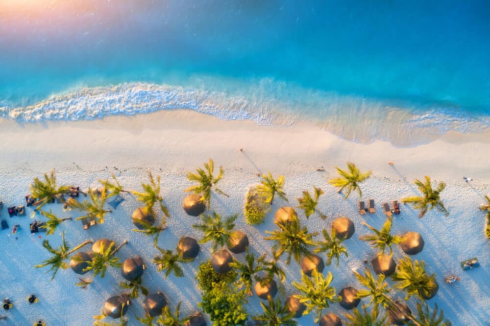 Aerial view of umbrellas, green palms on the sandy beach at sunset. Summer holiday in Zanzibar, Africa. Tropical landscape with palm trees, parasols, white sand, blue water, waves, people. Top view
