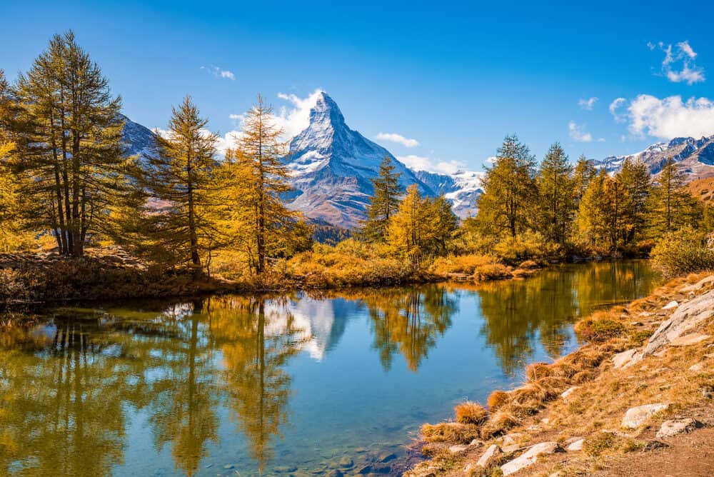 Great autumn panorama with famous peak Matterhorn and yellowed larches reflected in Grinjisee lake. Popular tourist attraction on Five Lakes Walk Hiking Trail from Zermatt. Alps, Valais, Switzerland