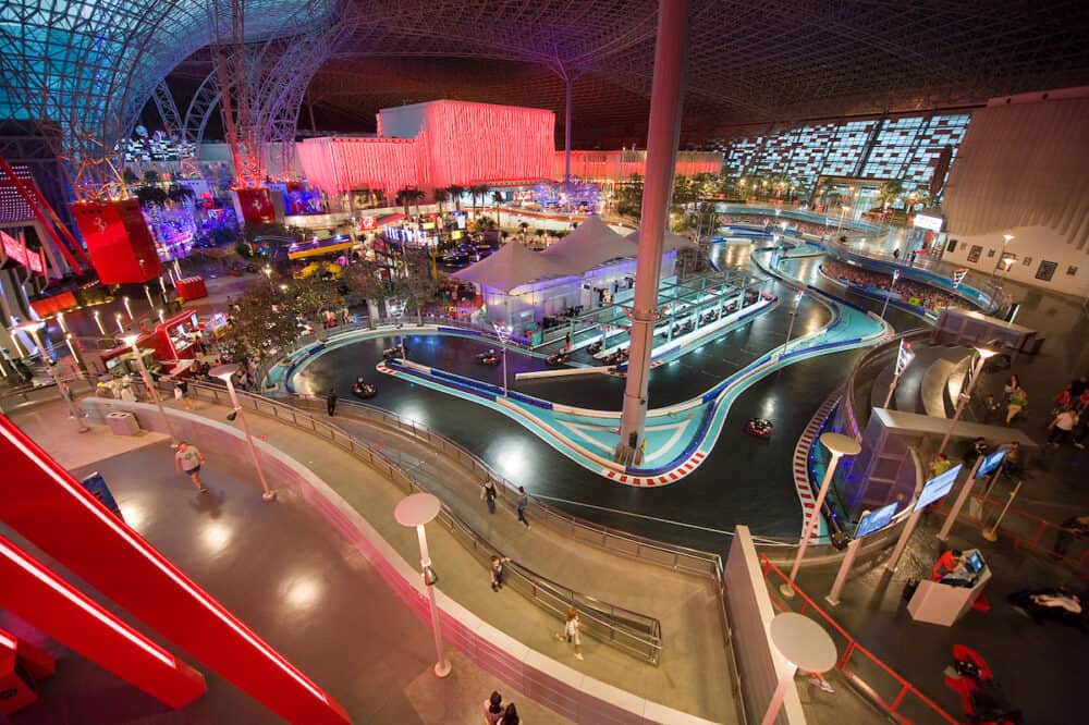 ABU DHABI, UNITED ARAB EMIRATES - Interior of indoor amusement park Ferrari World. It is the first Ferrari-branded theme park and is the Middle East's Leading Theme Park.