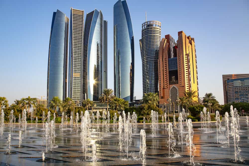 UAE, ABU DHABI -  View of modern multi-storey buildings from the Fountain Square in Abu Dhabi, capital of the United Arab Emirates.