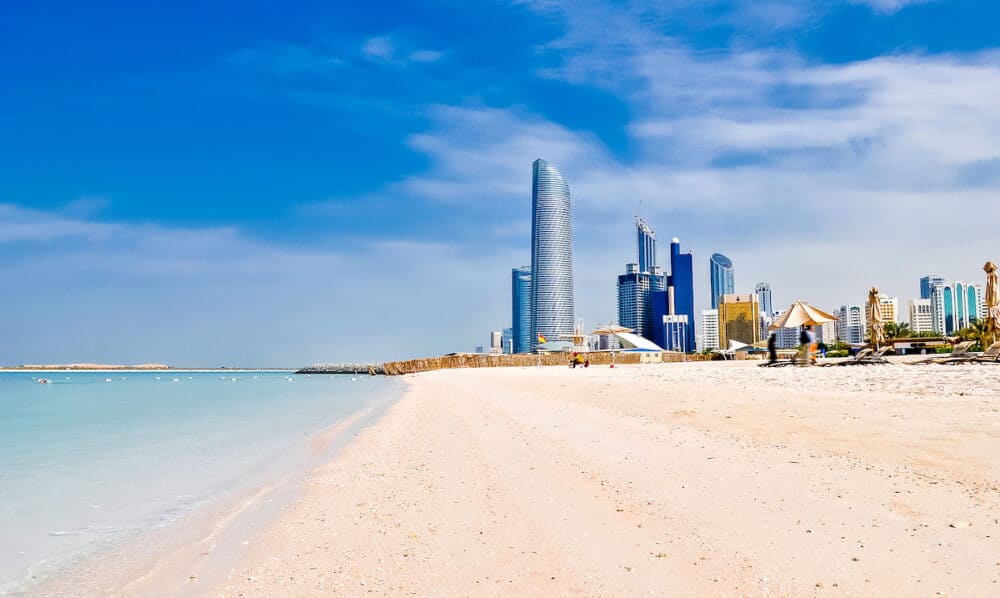 sunny beach and cityscape in Abu Dhabi UAE