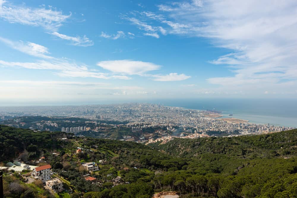 Panorama of Beirut skyline, from Meitn in Lebanon. Achrafieh buildings and the Mafaa port appear on the Mediterranean shore.
