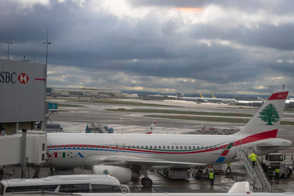 (Middle East Airlines) aircraft on runway in airport. MEA is the national flag-carrier airline of Lebanon