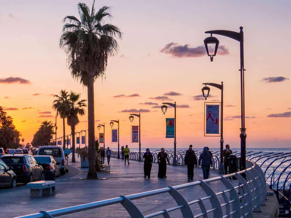 BEIRUT, LEBANON - : Unidentified people at sunset on La Corniche, a seaside promenade in Beirut Central District.