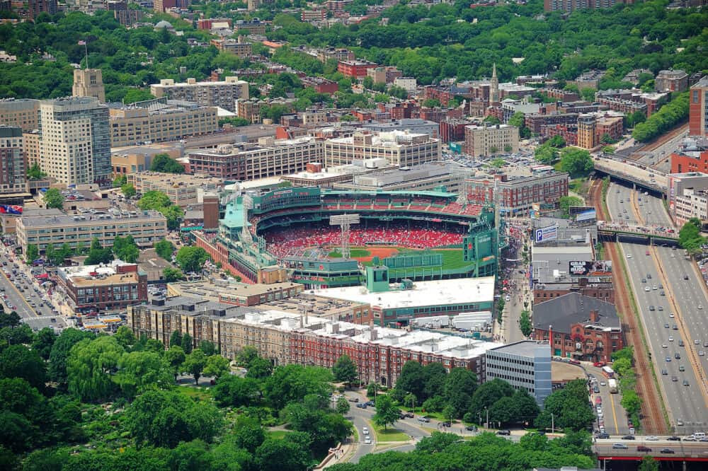 Fenway Park aerial view in Boston, Massachusetts. Fenway Park has served as the homeof the Boston Red Sox baseball club since 1912 as the oldest Baseball stadium.