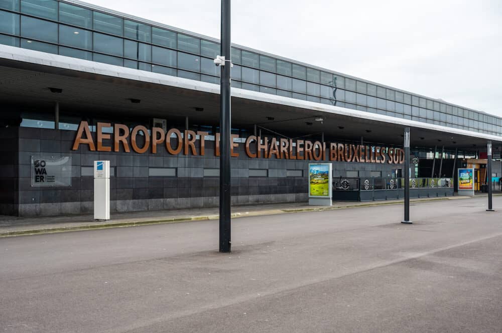 Sign and terminal of the Brussels South Charleroi International Airport