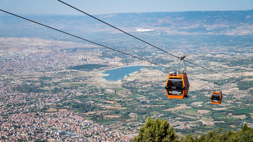Denizli, Turkey -  Cable car riding down to Bagbasi plateau from Denizli city center
