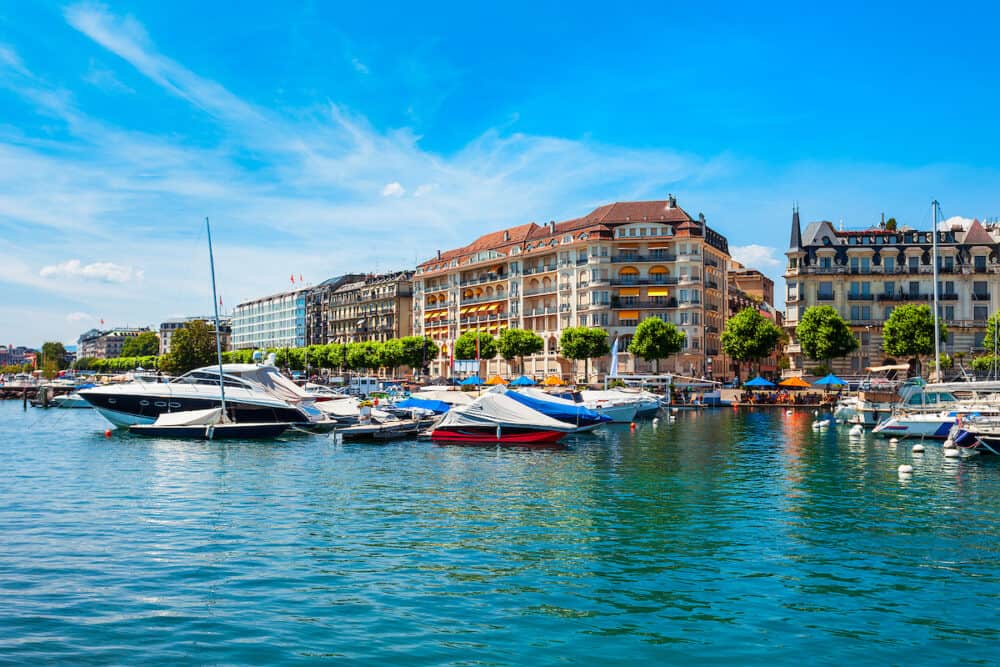 Geneva city port panoramic view. Geneva or Geneve is the second most populous city in Switzerland, located on Lake Geneva.