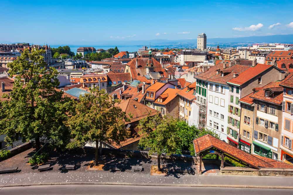  panoramic view, capital city and biggest town of Vaud canton, located on shores of Lake Geneva in Switzerland.