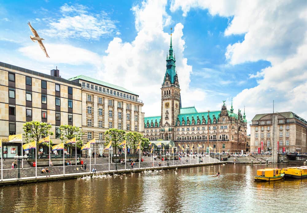 Beautiful view of Hamburg city center with town hall and Alster river Germany