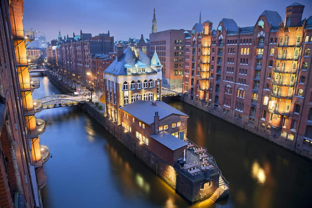 Image of Hamburg- Speicherstadt during twilight blue hour.