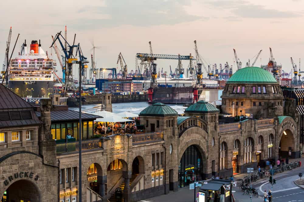 HAMBURG GERMANY - View of the St. Pauli Piers (German: St. Pauli Landungsbrucken) one of Hamburg's major tourist attractions. Its the largest landing place Hamburg.