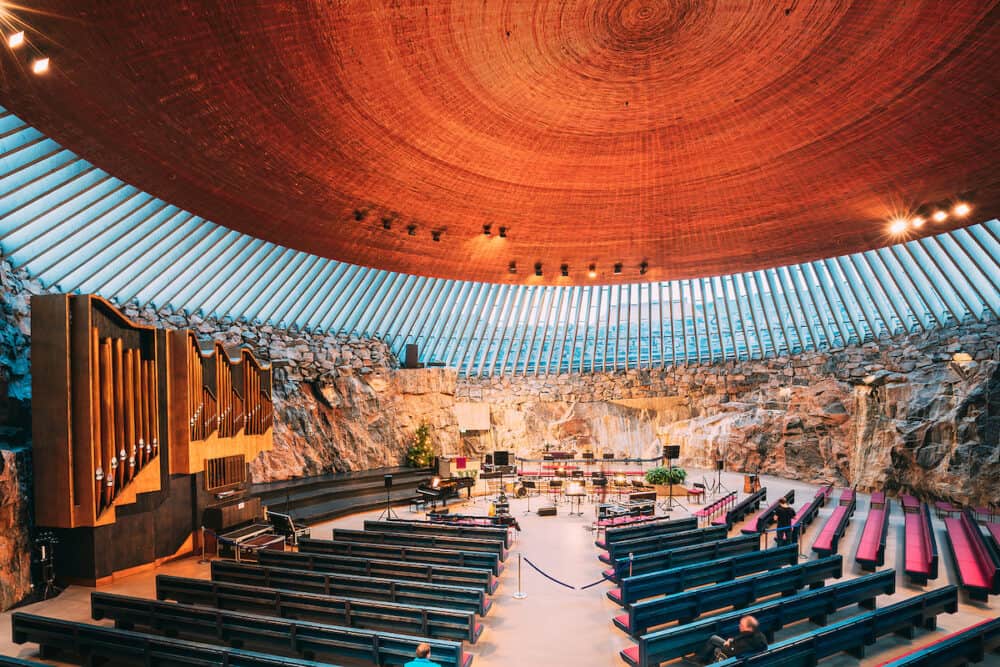 Helsinki, Finland - Interior Of Lutheran Temppeliaukio Church Also Known As Church Of Rock And Rock Church.