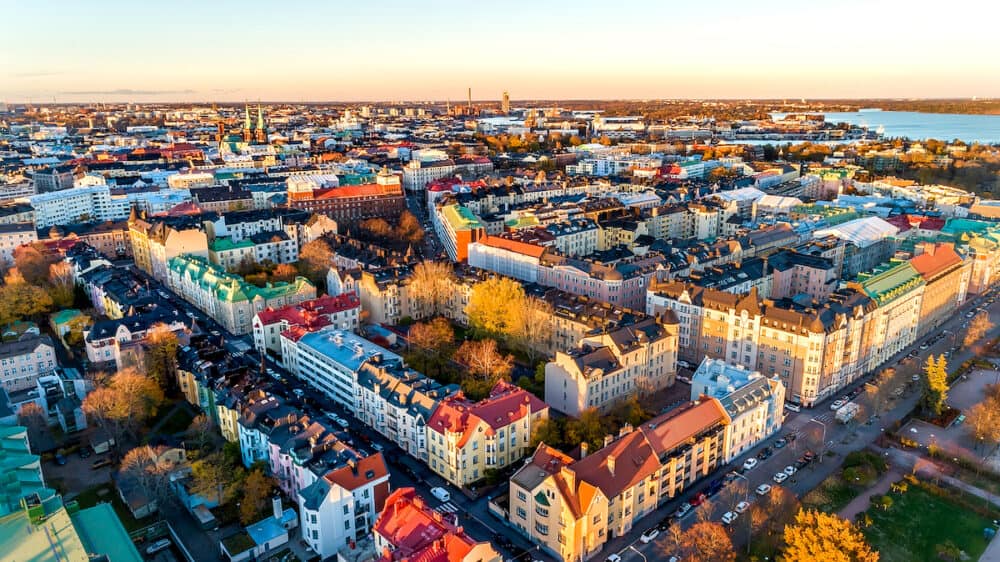 Aerial view of beautiful city Helsinki at sunset time. Blue sky and clouds and colorful buildings. Helsinki, Finland.