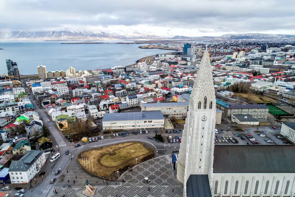 Reykjavik Iceland - Aerial view of famous Hallgrimskirkja Cathedral and the city of Reykjavik in Iceland. Image taken with action drone camera