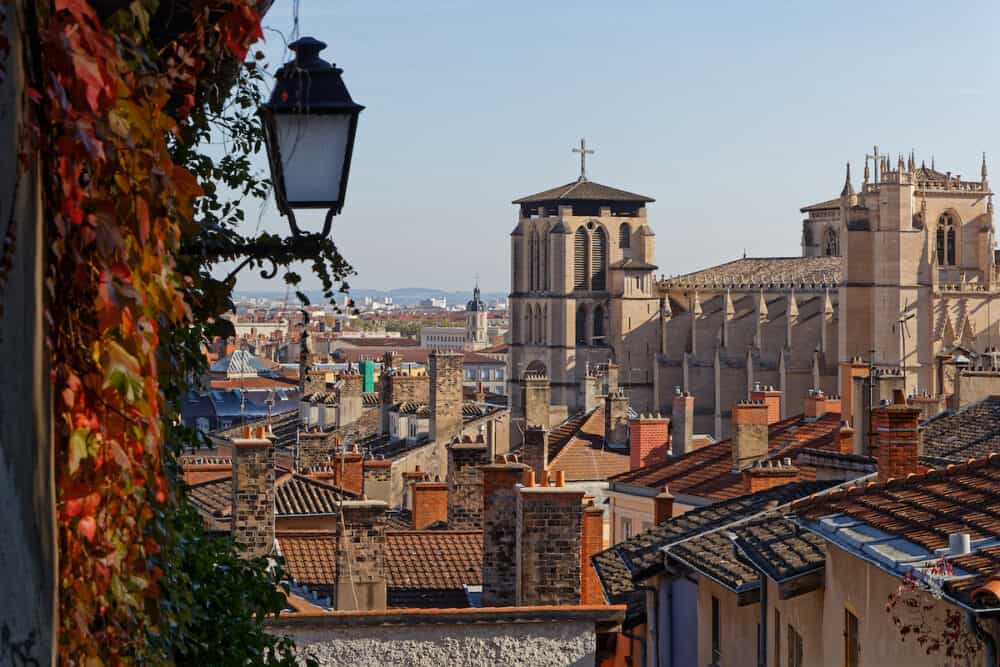 Roofs of Lyon historic center and Cathedral from Fourviere hill