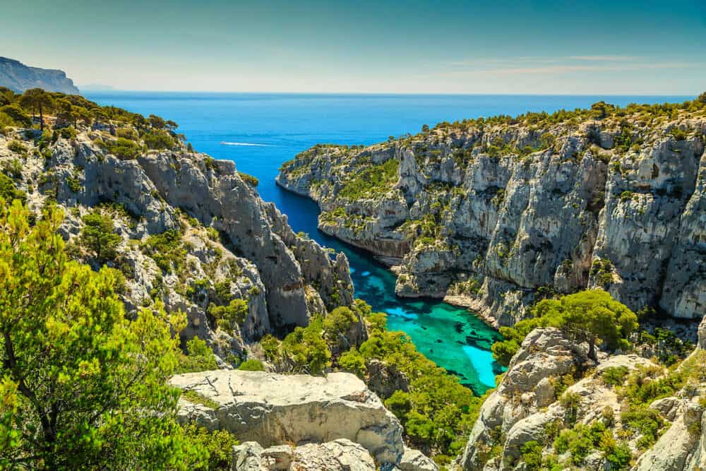 Breathtaking viewpoint on the cliffs Calanques D'En Vau bay Calanques National Park near Cassis fishing village Provence South France Europe