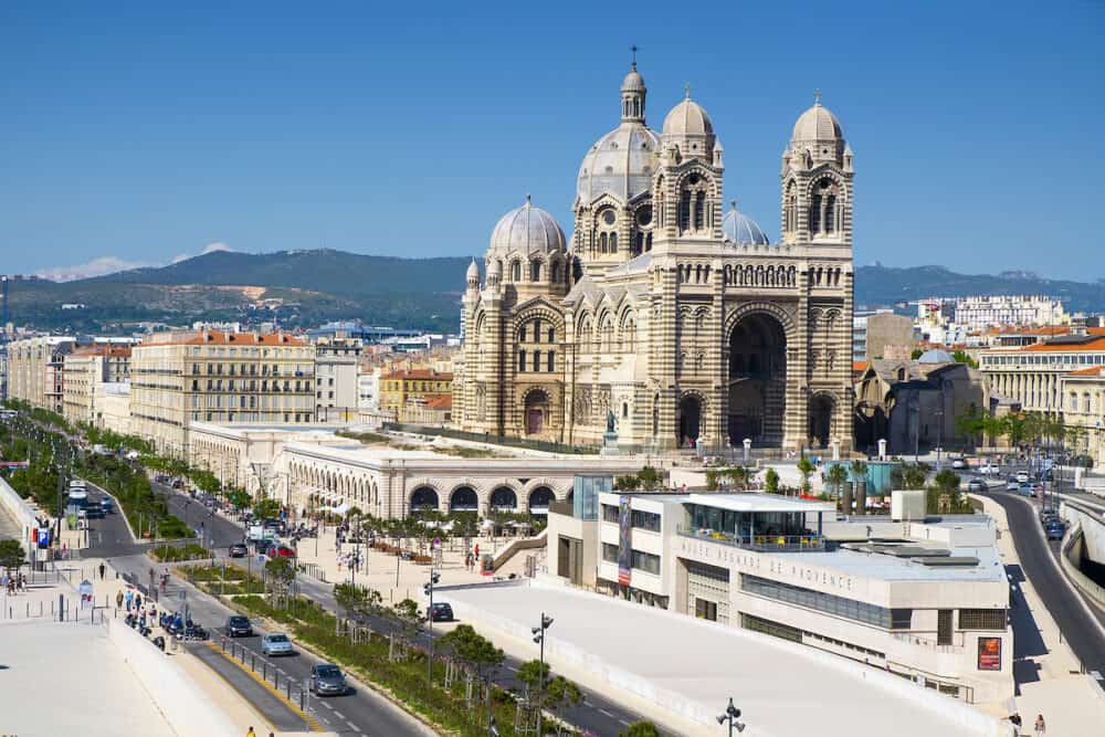 MARSEILLE, FRANCE - The Cathedral of Saint Mary Major in Marseille, France. The Musee Regards de Provence, in the foreground, shows the historical artworks from Provence
