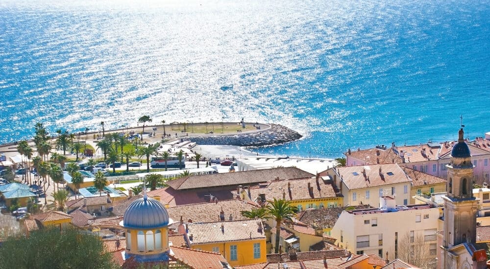 Beautiful view from the hill on Menton sea promenade, Provence-Alpes-Cote d'Azur region, France.