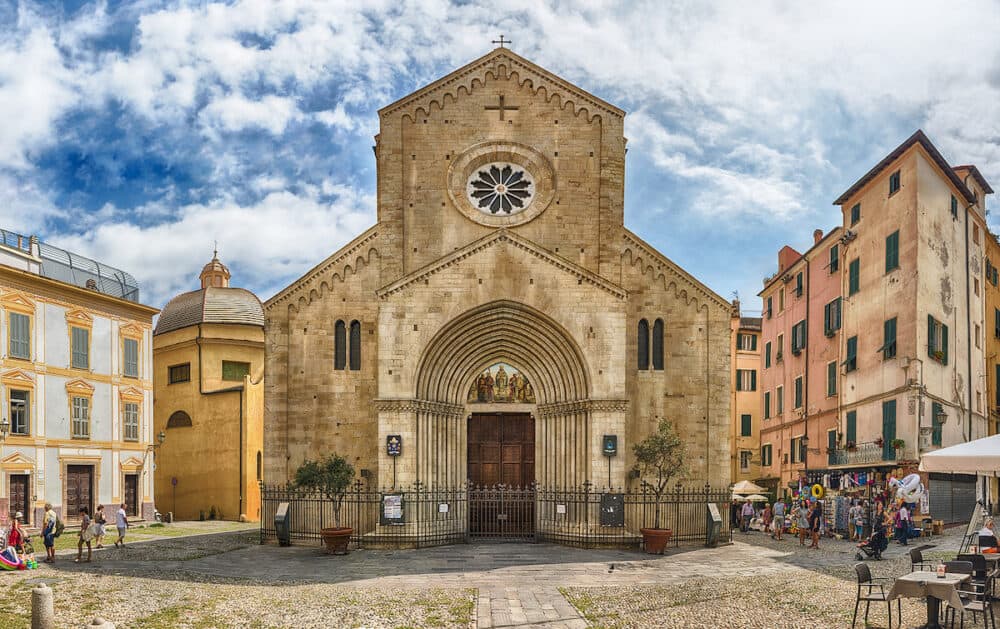 SANREMO, ITALY -  Facade of the romantic Cathedral of San Siro in Sanremo, Italy. The church is the most ancient religious building and one of the main landmarks of the city