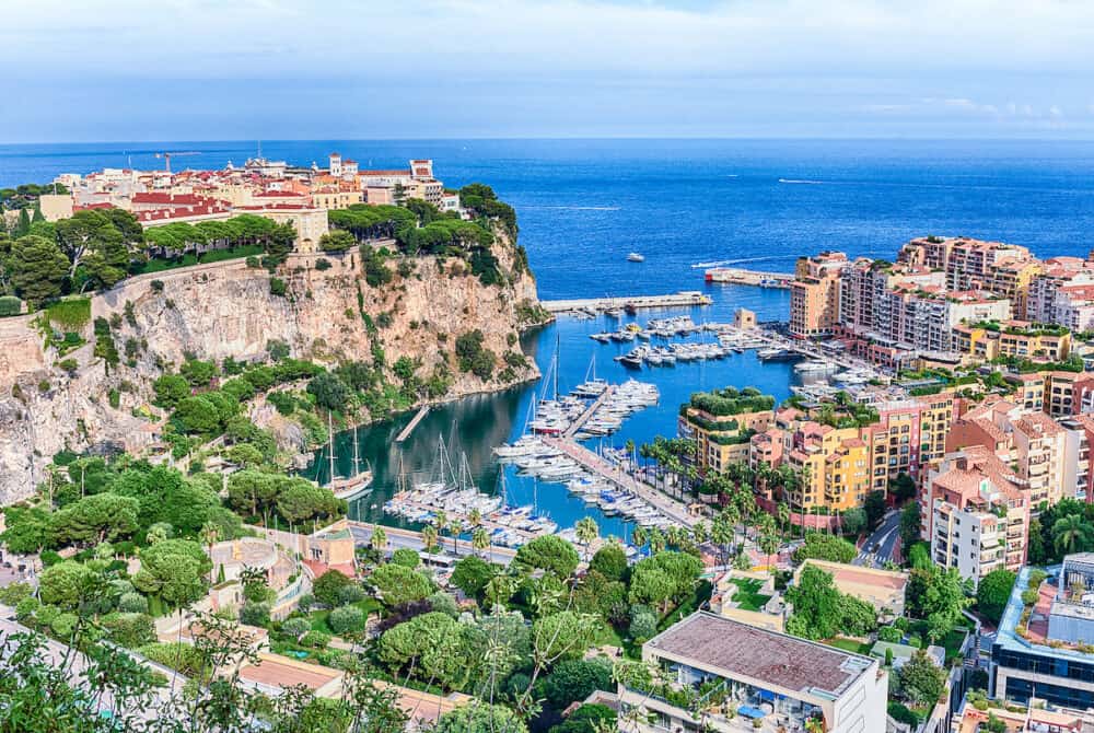 Panoramic view of Monaco City and the port of Fontvieille, Principality of Monaco, Cote d'Azur, French Riviera
