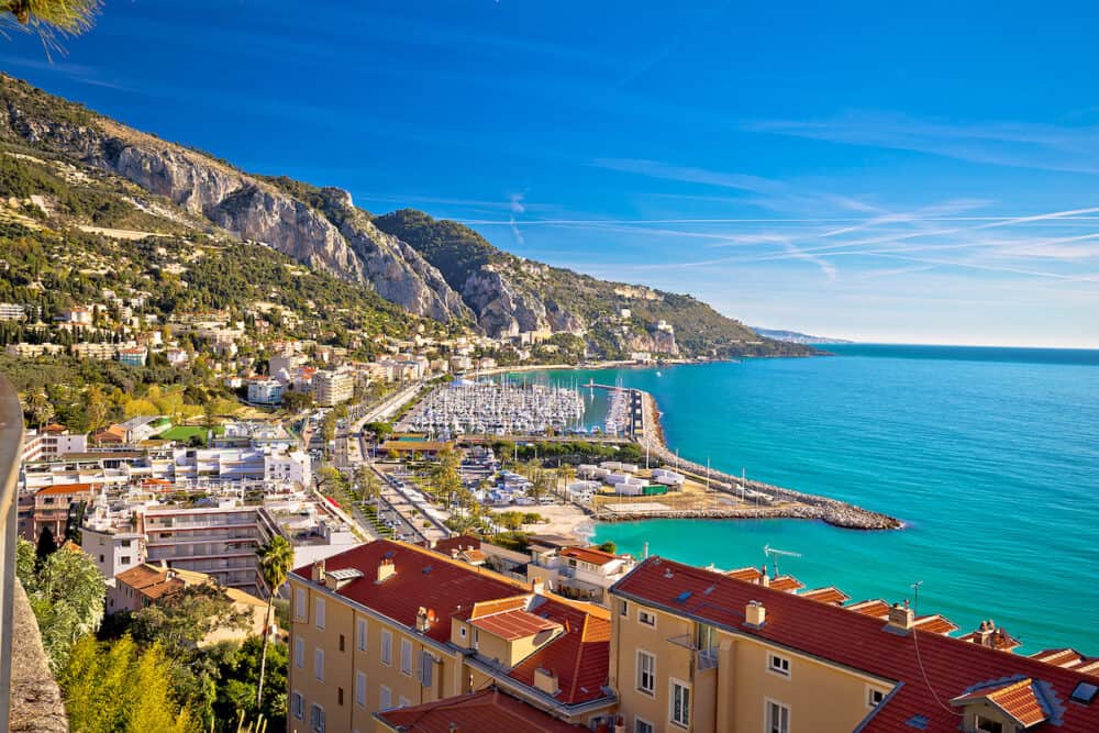 Town of Menton bay and French Italian border on Mediterranean coast view, southern France and Italy