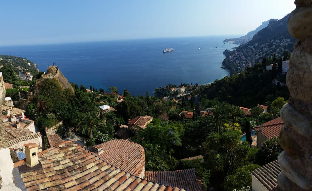 View on Azure coast in Roquebrune Cap Martin. The old village the cape and the bay of Roquebrune