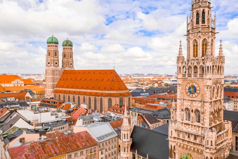 Aerial panoramic view of Munich city center showing the City Hall near the Frauenkirche in Germany. Amazing German architecture in details.