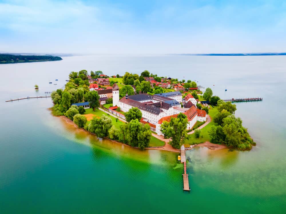 Frauenchiemsee or Frauenworth Abbey aerial panoramic view, it is a Benedictine abbey on the island of Frauenchiemsee in Chiemsee lake, Bavaria in Germany