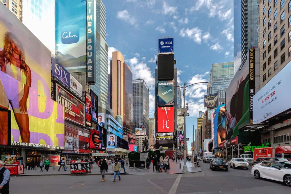 New York, Manhattan, USA - : View of Times Square with advertising screens and walkers on a winter day