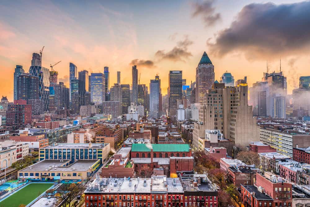 New York, New York, USA midtown Manhattan skyline over Hell's Kitchen at dawn.