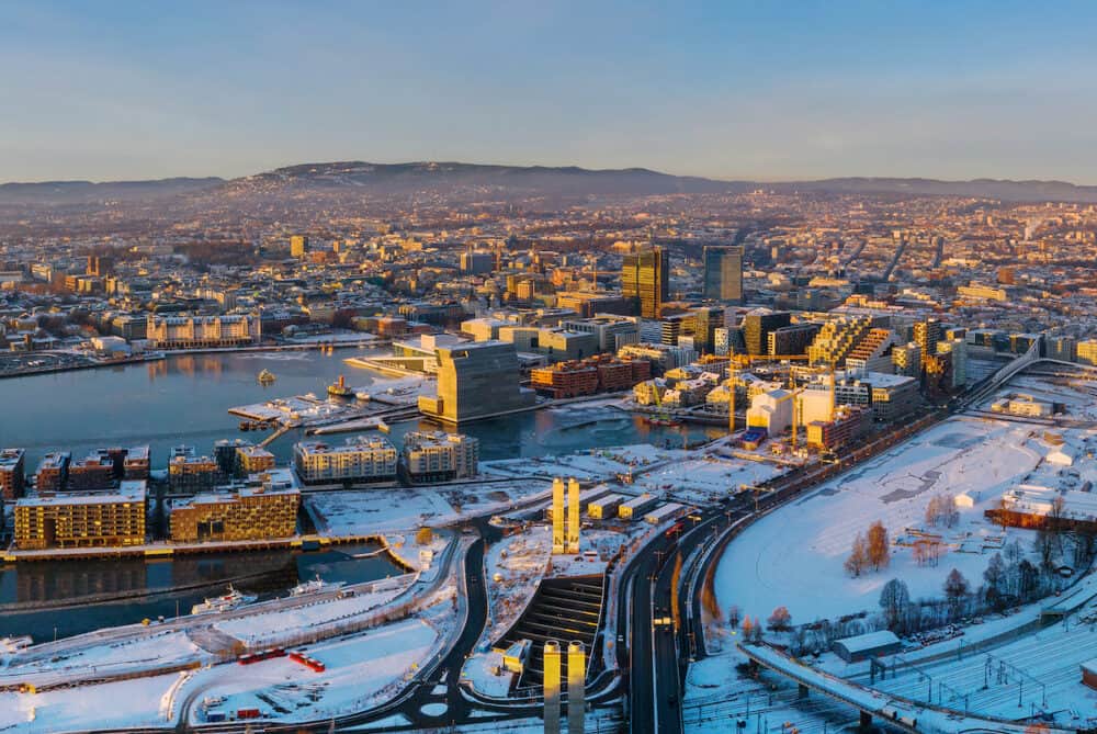 Aerial view of Sentrum area of Oslo, Norway, with Barcode buildings