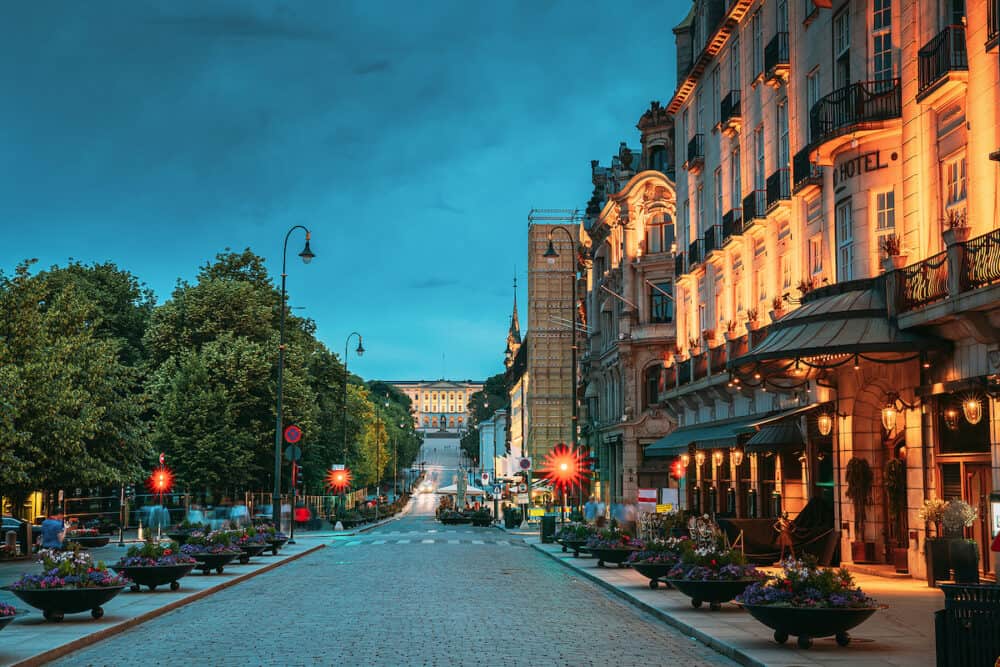 Oslo, Norway. Night View Karl Johans gate Street. Residential Multi-storey Houses In Centrum District. Summer Evening. Residential Area