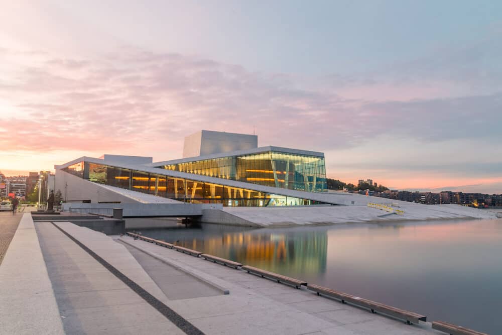 Oslo, Norway - Oslo Opera House (Operahuset) at sunrise. Building is situated at head of Oslofjord.