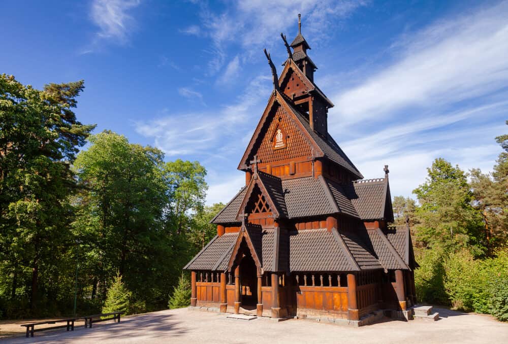 Reconstructed wooden Gol Stave Church (Gol Stavkyrkje) in Norwegian Museum of Cultural History at Bygdoy peninsula in Oslo, Norway, Scandanavia
