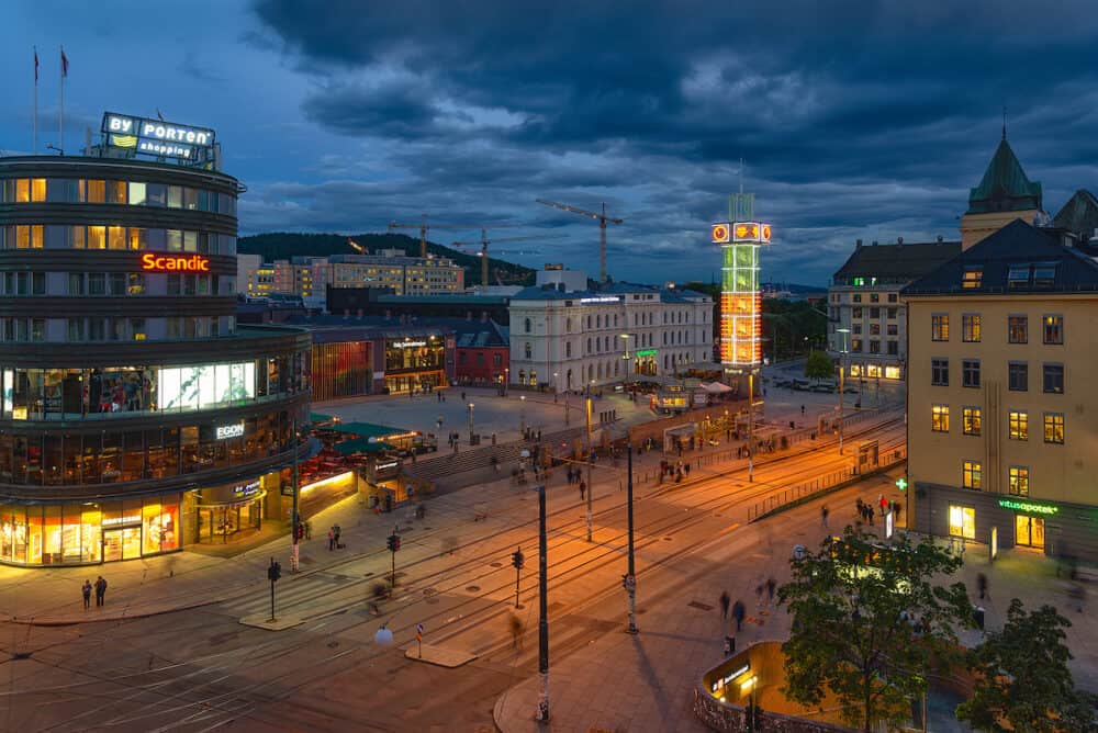 Oslo, Norway -  View of Central Station and Jernbanetorget square at dusk. This station is the main railway station in Oslo, and the largest  within the entire Norwegian railway system
