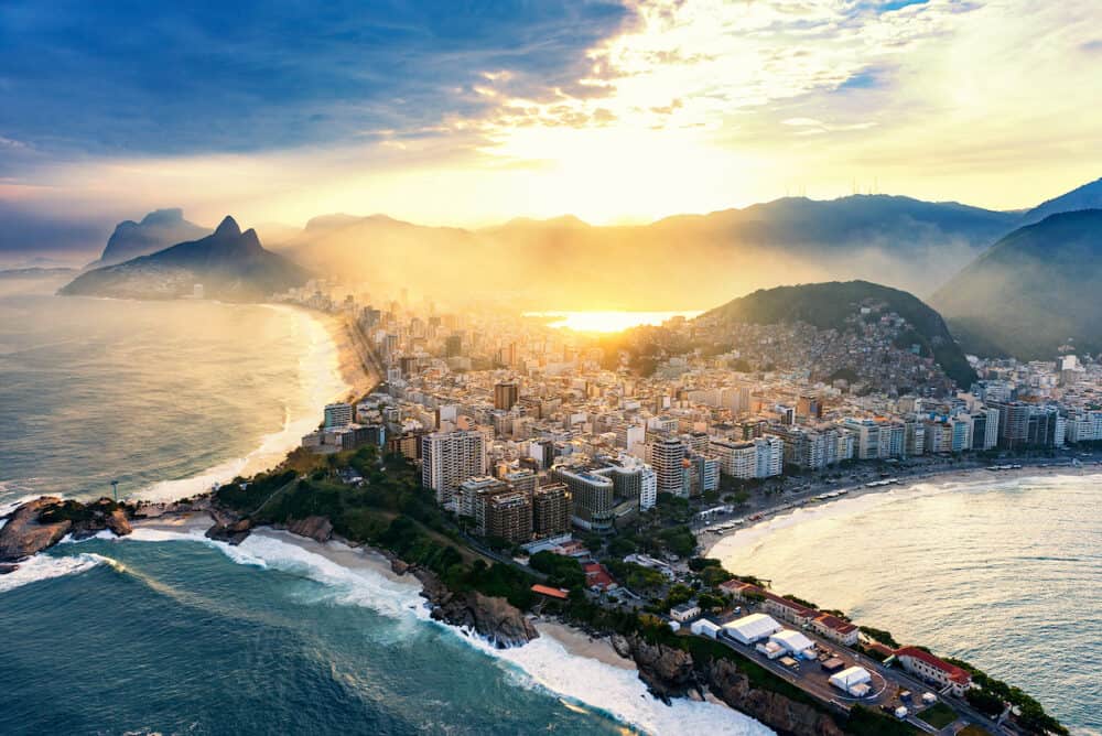 Copacabana and Ipanema beaches in Rio De Janeiro. Shot from helicopter sunset time