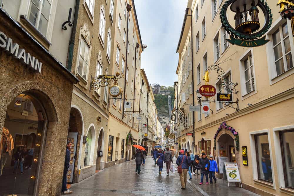 Salzburg, Austria - Famous shopping street Getreidegasse in historic Altstadt or Old Town of Salzburg