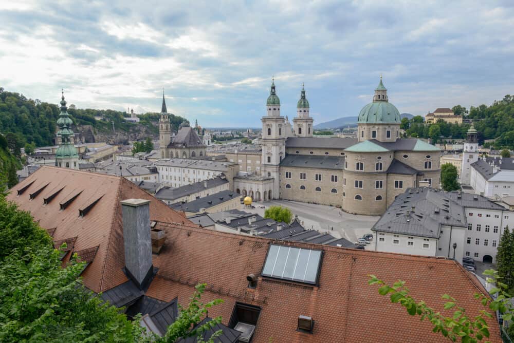 View from Hohensalzburg Castle on Kapitelplatz, St Peter's Abbey, Franciscan Church and Salzburg Cathedral, Austria