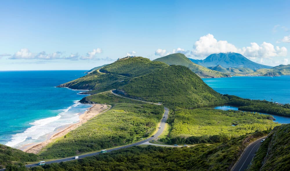 Panoramic view of South end of St Kitts and Frigate Bay with Nevis in the background.