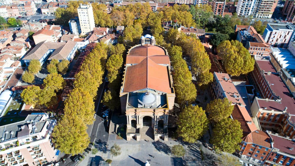 Aerial view of Saint Aubin church in Toulouse city center