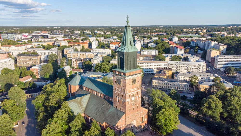 Aerial view on Tower of Turku Cathedral (Finnish: Turun tuomiokirkko) at summer day in Finland.