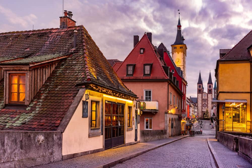 Old Main Bridge, Alte Mainbrucke, Cathedral and City Hall in Old Town of Wurzburg, Franconia, Bavaria, Germany