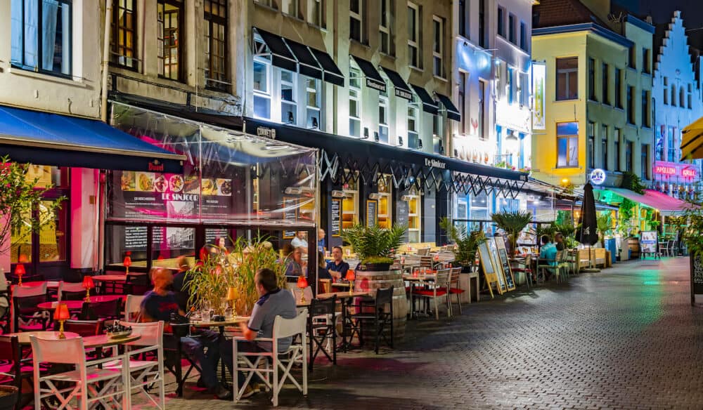 ANTWERP, BELGIUM - Restaurants in the old town of Antwerp, in the Flemish Region of Belgium, in the night